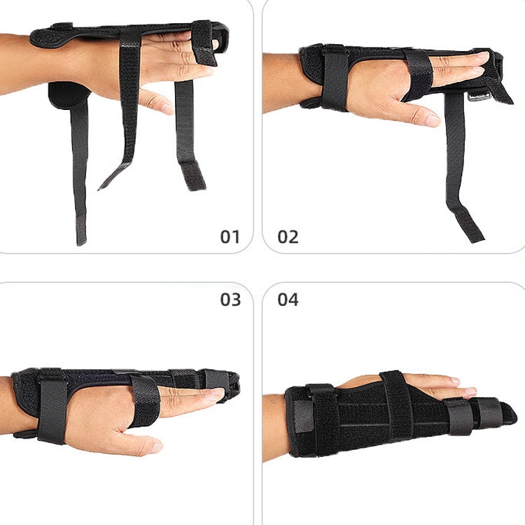 Black finger splint brace with dangling fastening straps, shown in multiple wear views
