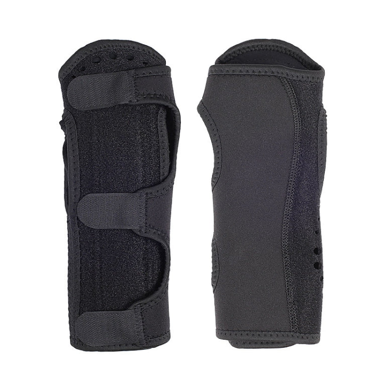 Pair of black padded wrist support sleeves with hook-and-loop strap closures