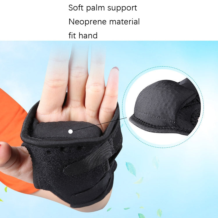 Black hand-fit wrist support brace with soft palm padding and strap
