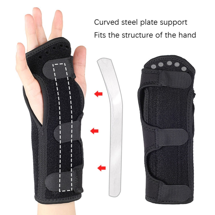 Black wrist brace with curved steel-plate support insert and wraparound padding