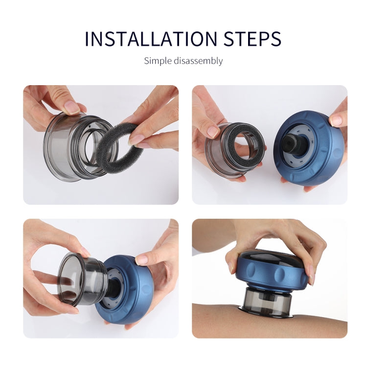 Electric cupping massage device with blue base during installation steps with parts shown
