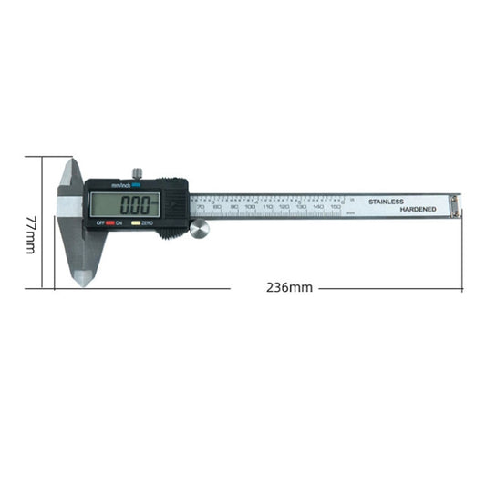 Digital vernier caliper with LCD display, extended jaws and ruler scale markings