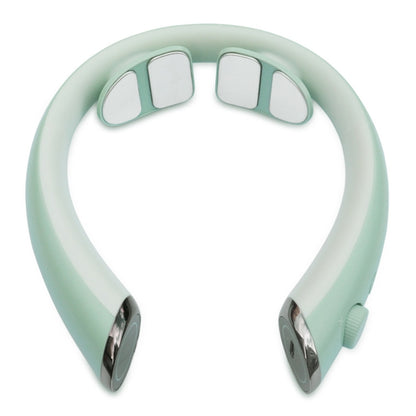 U-shaped neck massager with mint green pads and two black massage modules