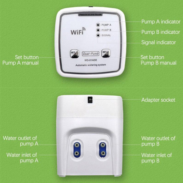 WiFi drip irrigation controller with pump A/B indicators, set buttons, and dual water inlets