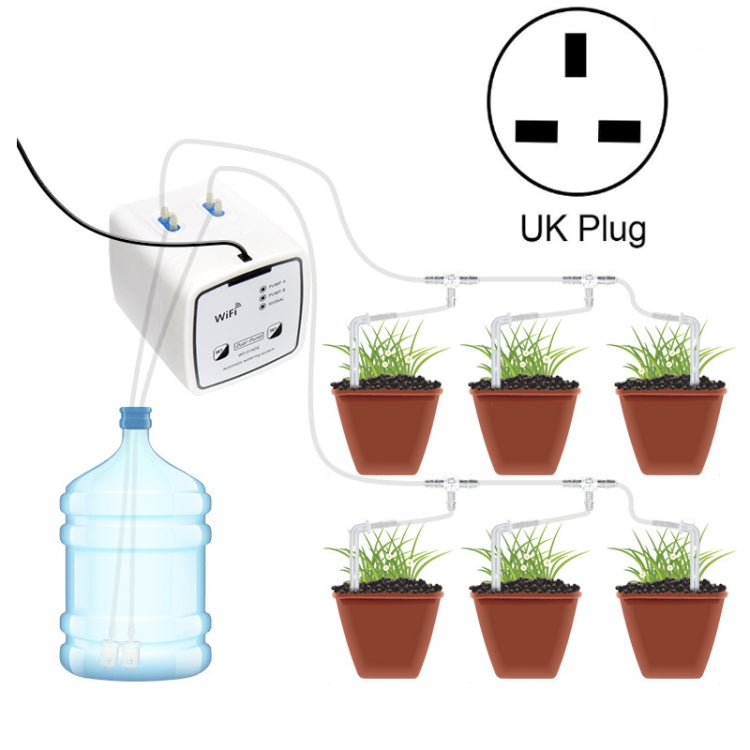 WiFi drip irrigation controller with UK plug, water bottle feed and 6 potted seedlings