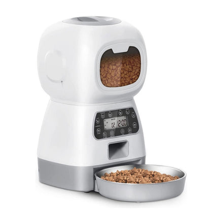 Automatic pet feeder with circular food window, control panel, and feeding bowl, white
