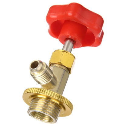 Red plastic and brass valve fitting for AC refrigerant can tap