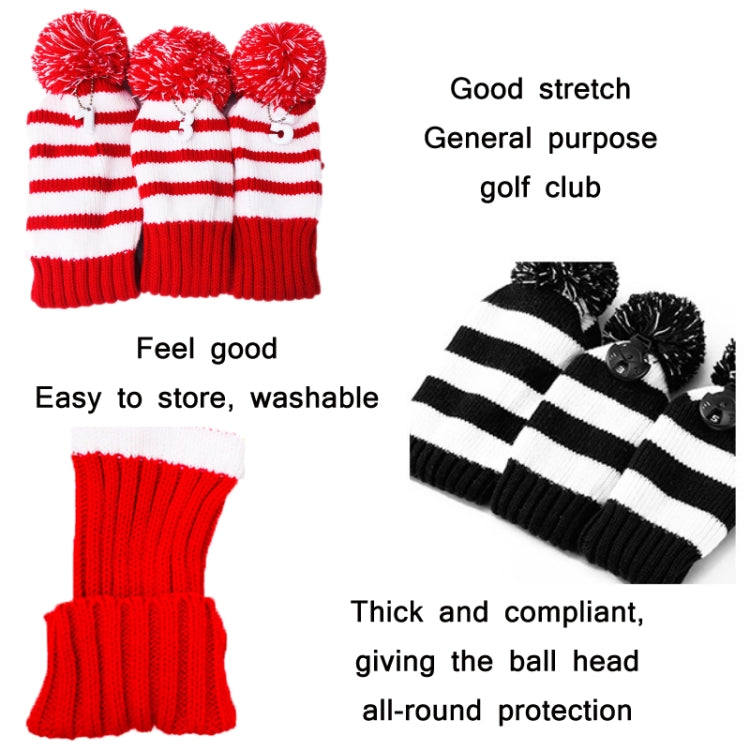 Red and black striped knitted golf club covers with pom-pom tops, 3-pack