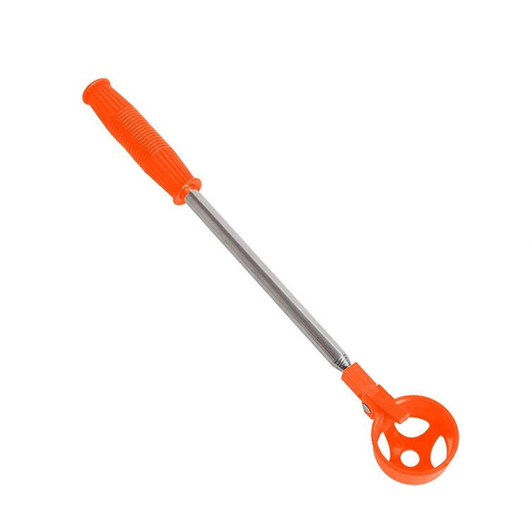 Orange foldable golf ball picker with stainless steel telescopic rod and scoop head