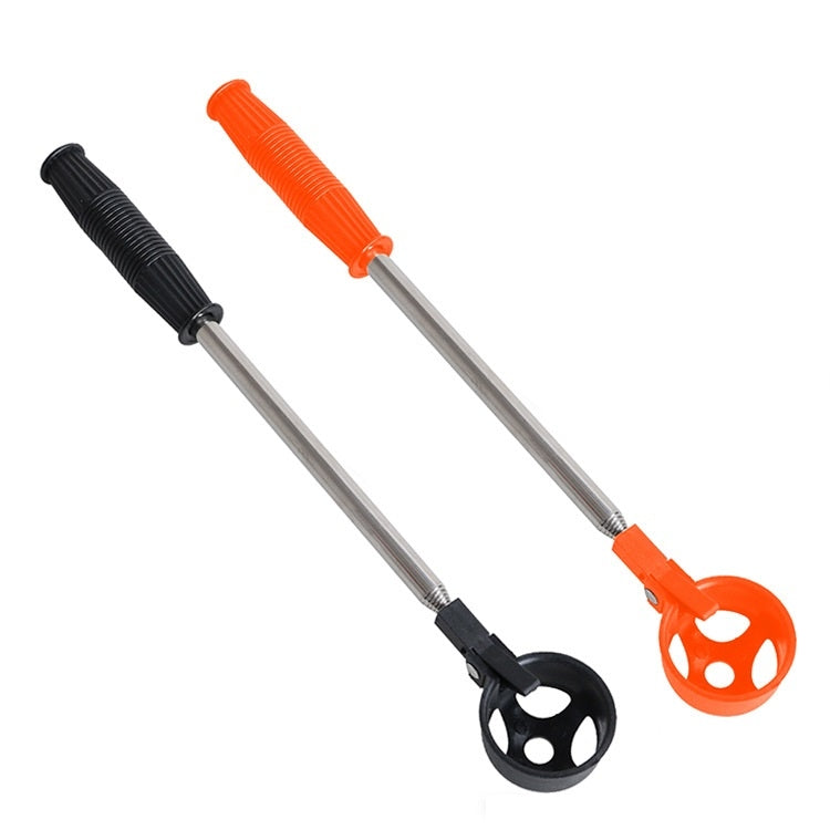 Two foldable golf ball pickers in orange and black, stainless steel rods with scoop heads
