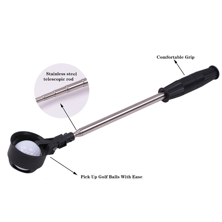 Black foldable golf ball picker with stainless steel telescopic rod and comfortable grip