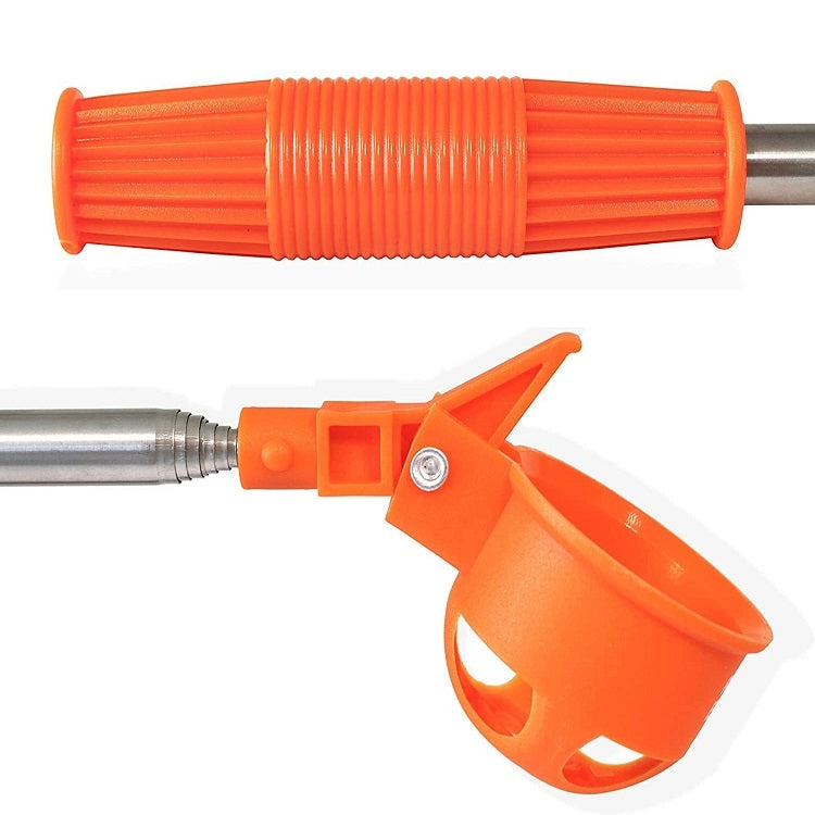 Orange foldable golf ball picker with ribbed handle, clamp, and round scoop head