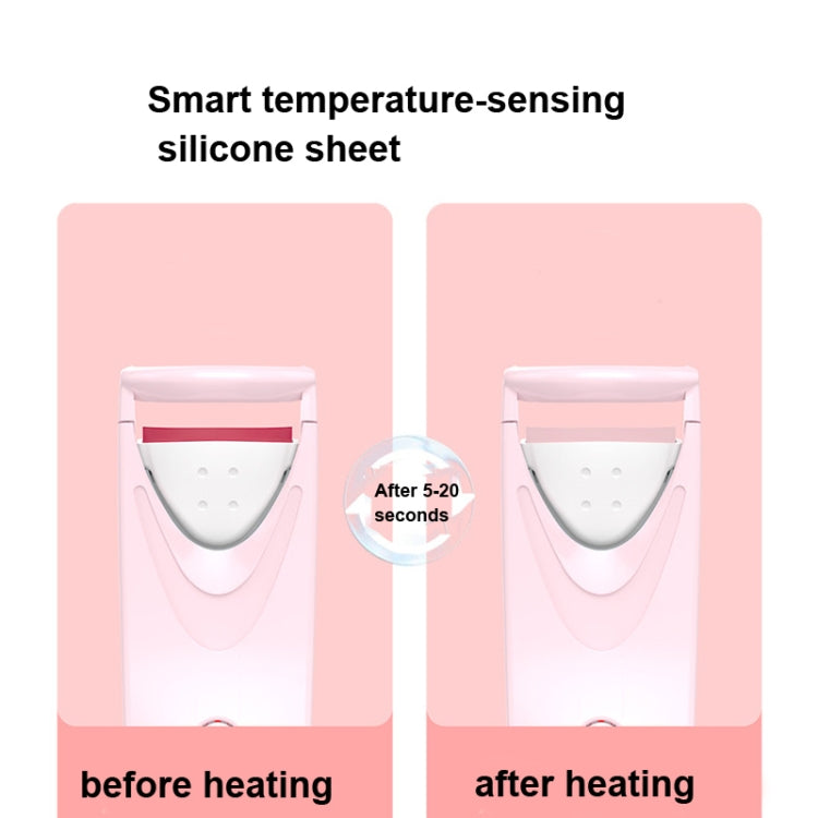 Pink heated eyelash curler showing before and after heating on the device