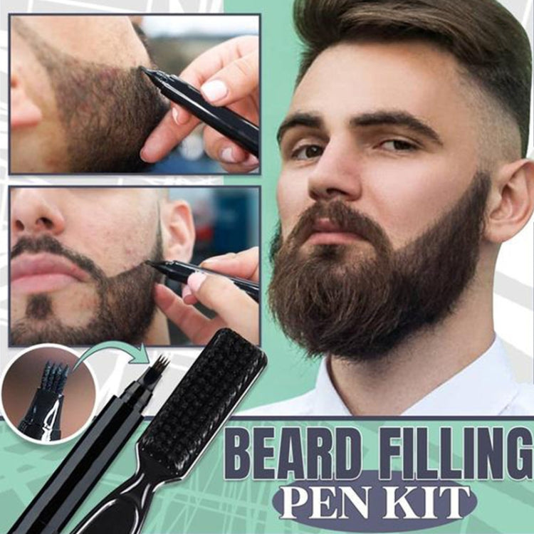Beard filler pen kit with black pen and brush comb-style attachment
