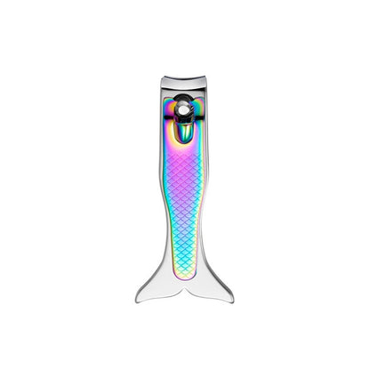 Rainbow iridescent mermaid-style nail clipper with curved silver trimmer jaws