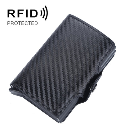 Black carbon-fiber style RFID card holder with pop-up slot and snap closure