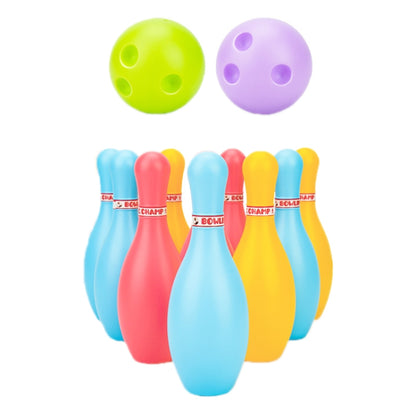 Plastic bowling toy set with colorful pins and two round grip balls (green, purple)