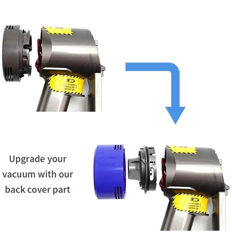 Vacuum motor back cover and HEPA filter cover with yellow caution label, side close-up