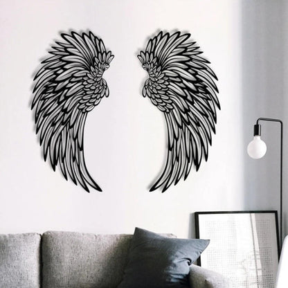 Black engraved metal angel wings wall hanging pair, curved halo shape, no lights