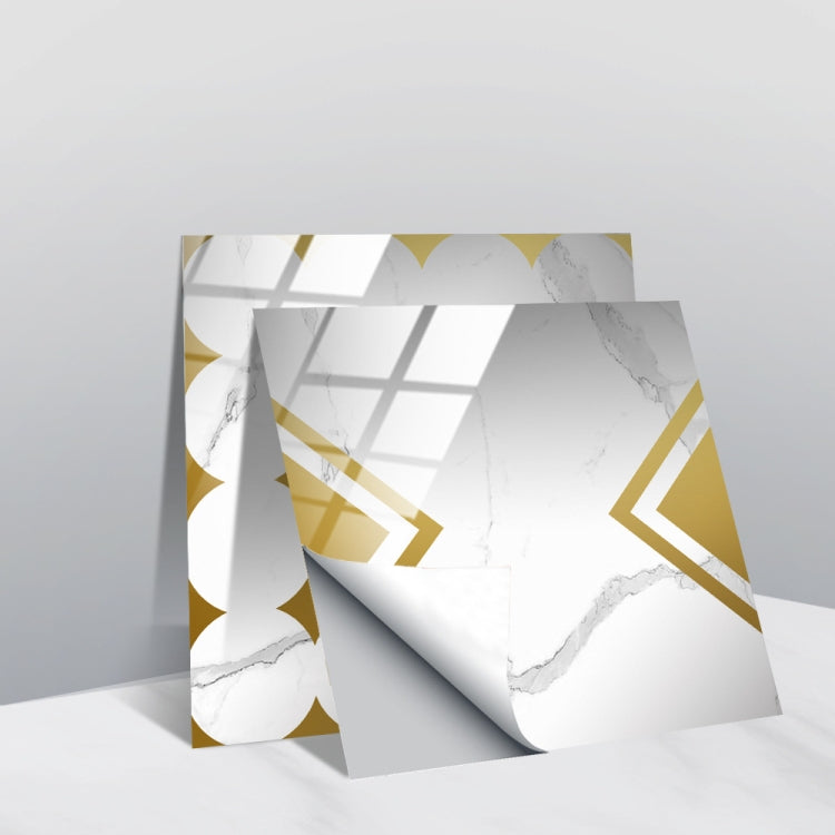 PVC geometric tile wall stickers with white marble look and gold geometric shapes