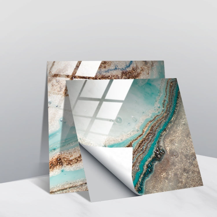 Geometric tile wall stickers featuring teal marbling, gold lines, and white grid squares
