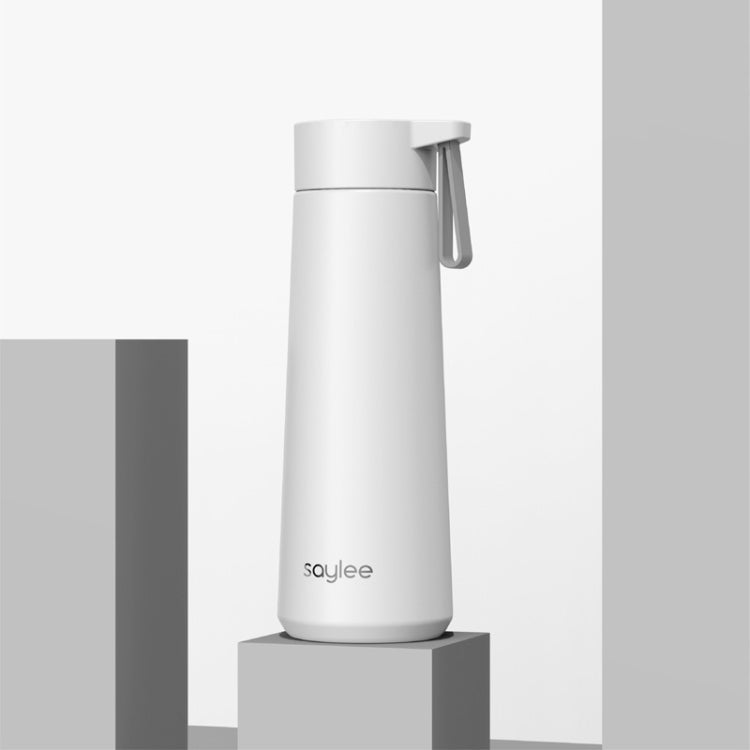 White stainless steel portable thermos cup with carry loop and flip-top lid