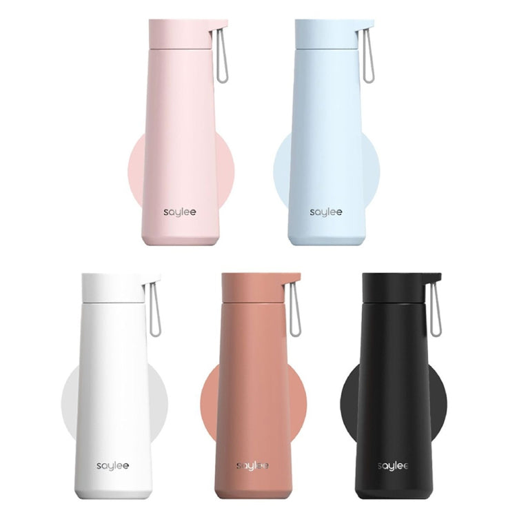 Assorted stainless steel thermos cups in white, black, blue, pink, and brown colors