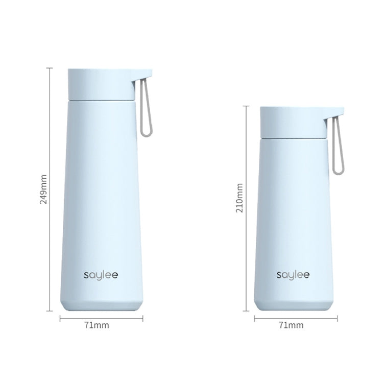 Light blue stainless steel thermos cup shown with height dimensions 249 mm and 210 mm