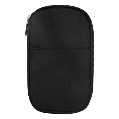 Black travel storage bag with zippered top and padded front panel