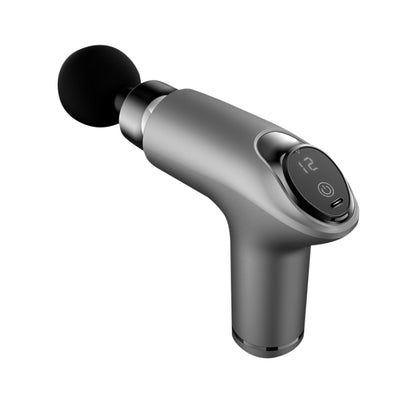Gray vibrating mini muscle fascia massager with round ball attachment and control screen