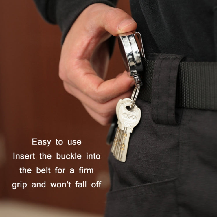 Retractable key ring with buckle clip holding keys on a belt loop