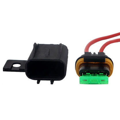 Black waterproof inline fuse holder with two red wire leads and clear fuse block