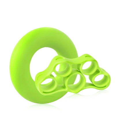 Green silicone finger grip ring with three finger loop openings and handhold bar.
