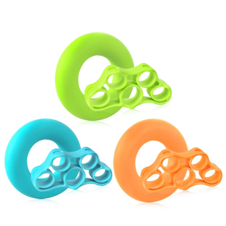 Set of silicone finger grips in green, blue, and orange, each with ring and loops.