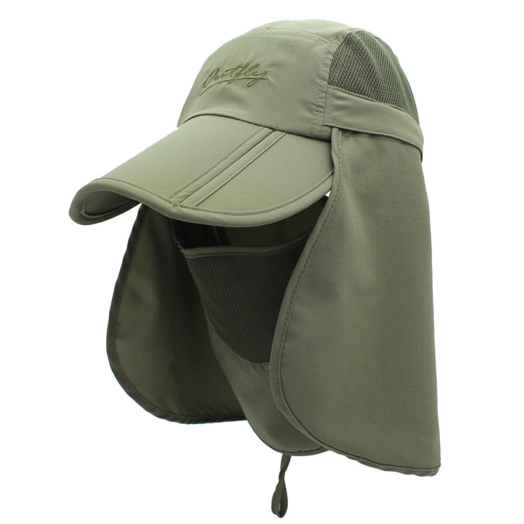 Olive 360-degree sun hat with wide visor, mesh side panels and face flap, drawstring