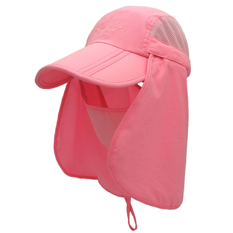Pink 360-degree sun hat with wide visor, mesh side panel, face flap, drawstring