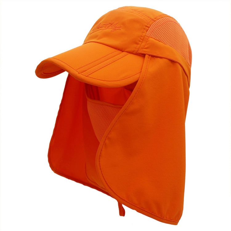 Orange 360-degree sun hat with wide visor, mesh side panel and face flap, drawstring