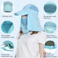Light blue 360-degree sun hat with wide visor, breathable mesh panels and face flap