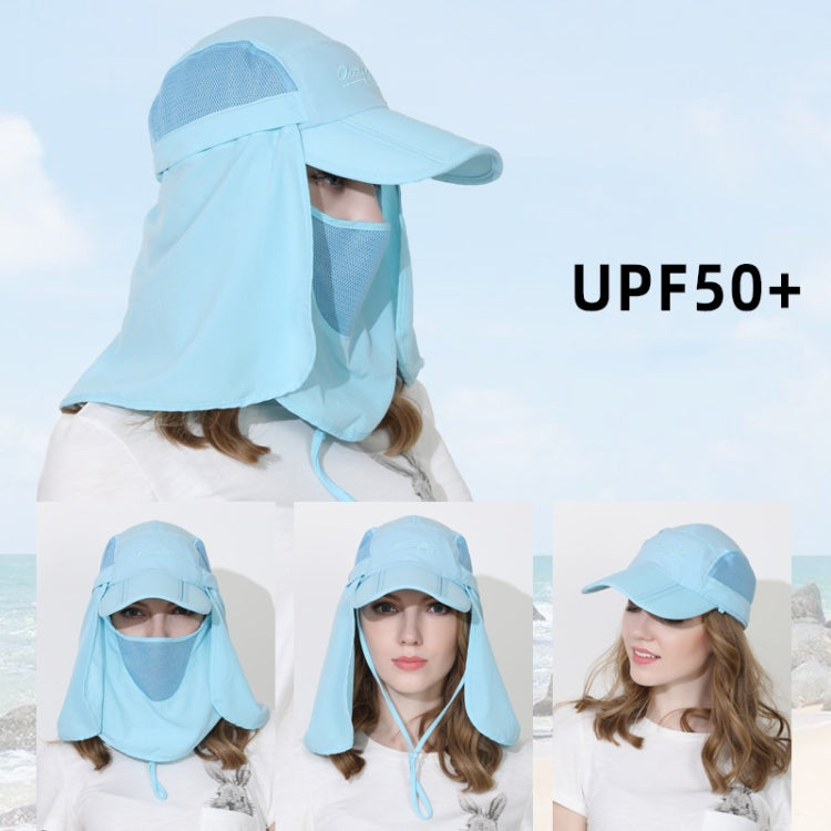 Light blue UV sun cap with full face shield and neck flap, UPF50+