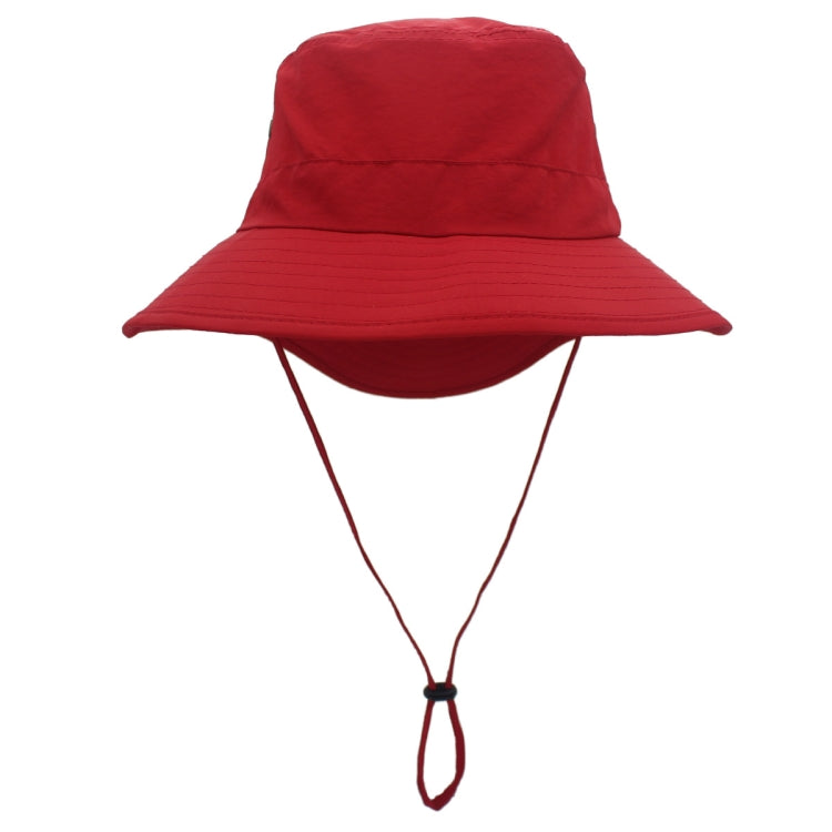 Red outdoor fisherman cap with wide brim and chin strap.
