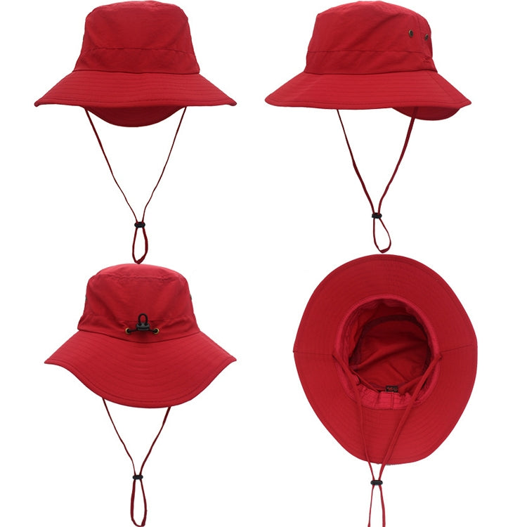 Red outdoor fisherman cap set: front, back, side, and interior view with chin cord.