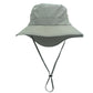 Light gray outdoor fisherman cap with wide brim and chin strap.