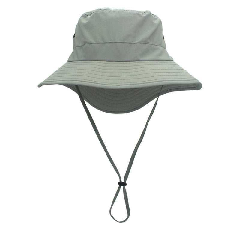 Light gray outdoor fisherman cap with wide brim and chin strap.