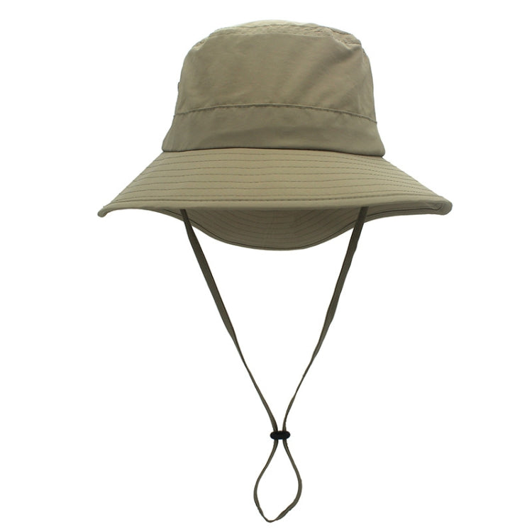 Light khaki outdoor fisherman cap with wide brim and chin strap.