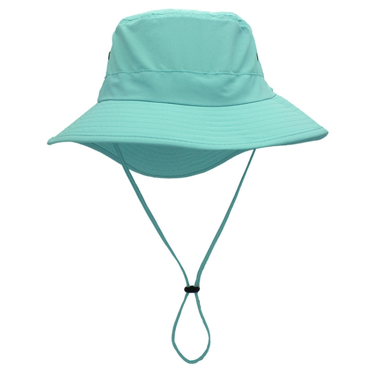 Sky blue outdoor fisherman cap with wide brim and chin strap.