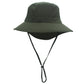 Dark olive outdoor fisherman cap with wide brim and chin strap.