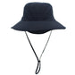 Deep blue outdoor fisherman cap with wide brim and chin strap.