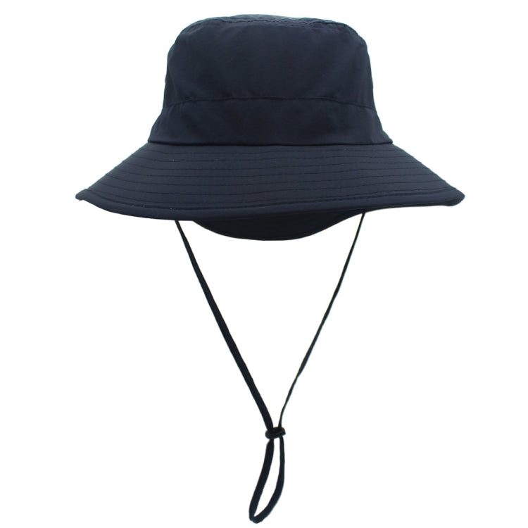 Deep blue outdoor fisherman cap with wide brim and chin strap.