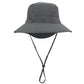 Dark gray outdoor fisherman cap with wide brim and chin strap.