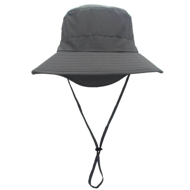 Dark gray outdoor fisherman cap with wide brim and chin strap.